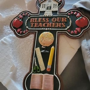 New In Box Bless our teacher 12x9 Poly Hanging Cross